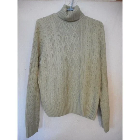 Vintage Sage 100% Cotton cable knit ribbed turtleneck Sweater Sz L Jeanne Pierre - Picture 1 of 5